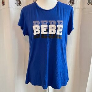 Bebe Women Top Rhinestone Logo Y2K Blue Graphic Shirt Glam Sparkly Size XL 19863